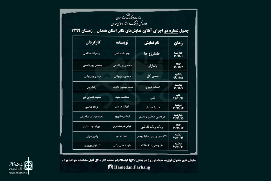 جدول شماره دو اجرای آنلاین نمایش های استان همدان